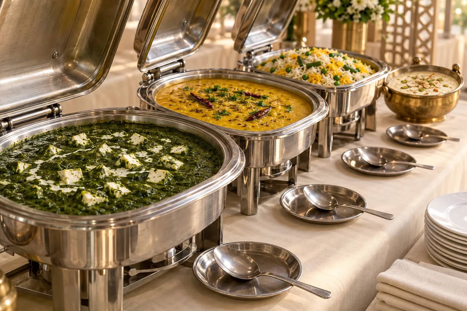 AI-generated image: a banquet table of steel chafing dishes holding palak paneer, dal fry and vegetable biryani, with a brass bowl of rabri, serving spoons and a stack of plates.